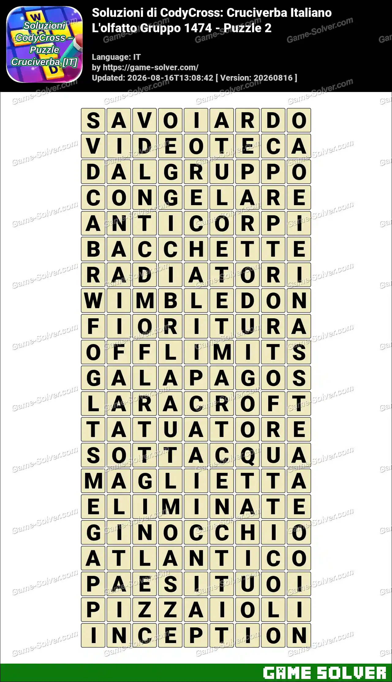 Soluzioni di CodyCross: Cruciverba Italiano L’olfatto Gruppo 1474 – Puzzle 2